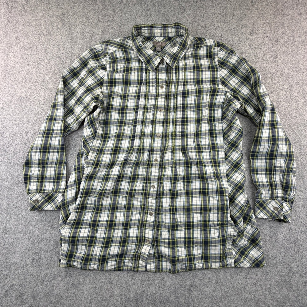 J. Jill Womens Green Blue Plaid Pintuck Button Down Shirt Side Pockets Size M